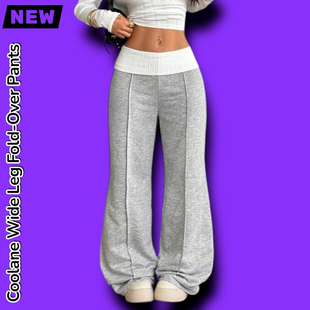 New Coolane Grey Wide Leg Fold-Over Waist Pants - Small